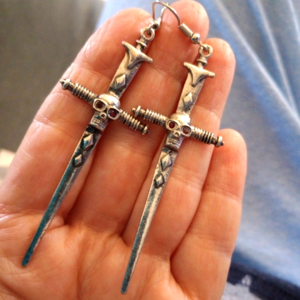 Long dangle sword skull earrings new